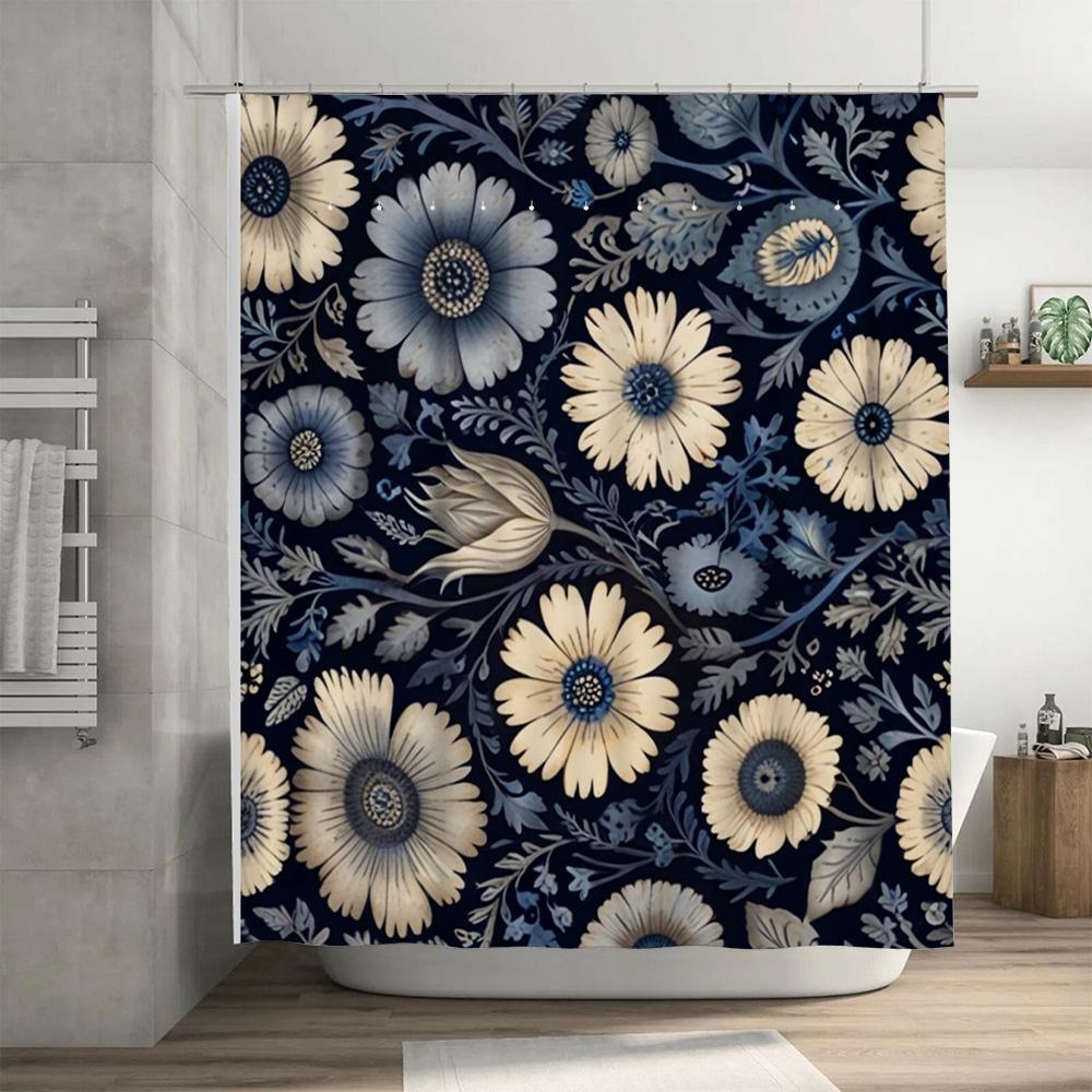 Vintage Blue Bath Shower Curtain Floral Print Home Decor Waterproof Custom Size 3D Decoration Bathroom Wall Hanging