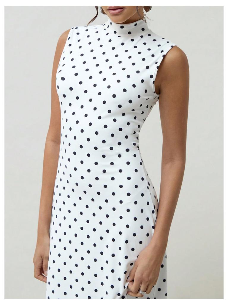 European Style Vintage Polka Dot Print Sleeveless Round Neck Slim Fit A Maxi Dress