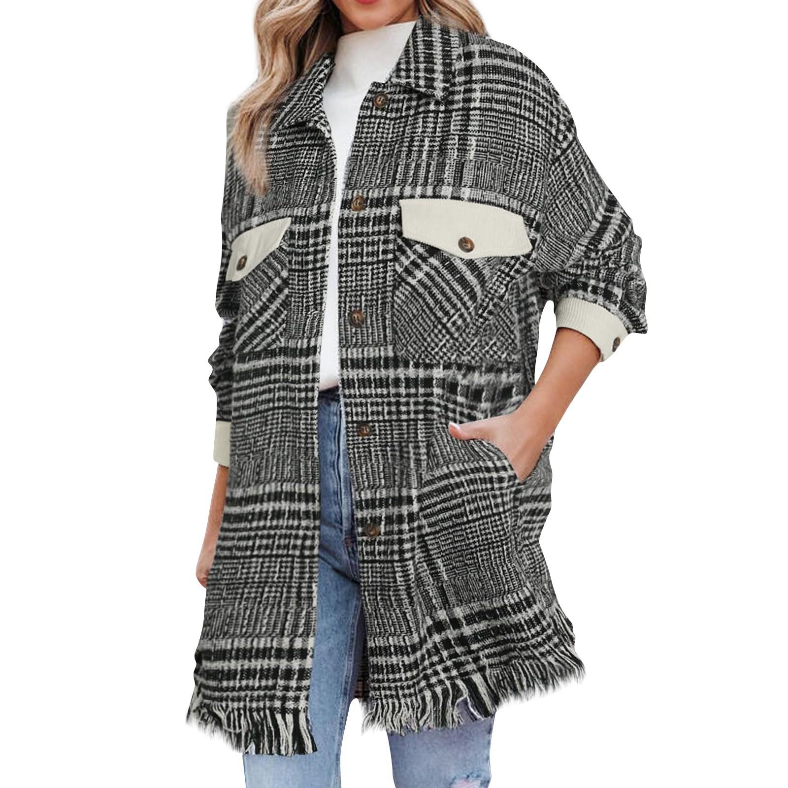 

Женский однобортный пиджак в клетку с лацканами и длинными рукавами Женское пальто XL чёрный