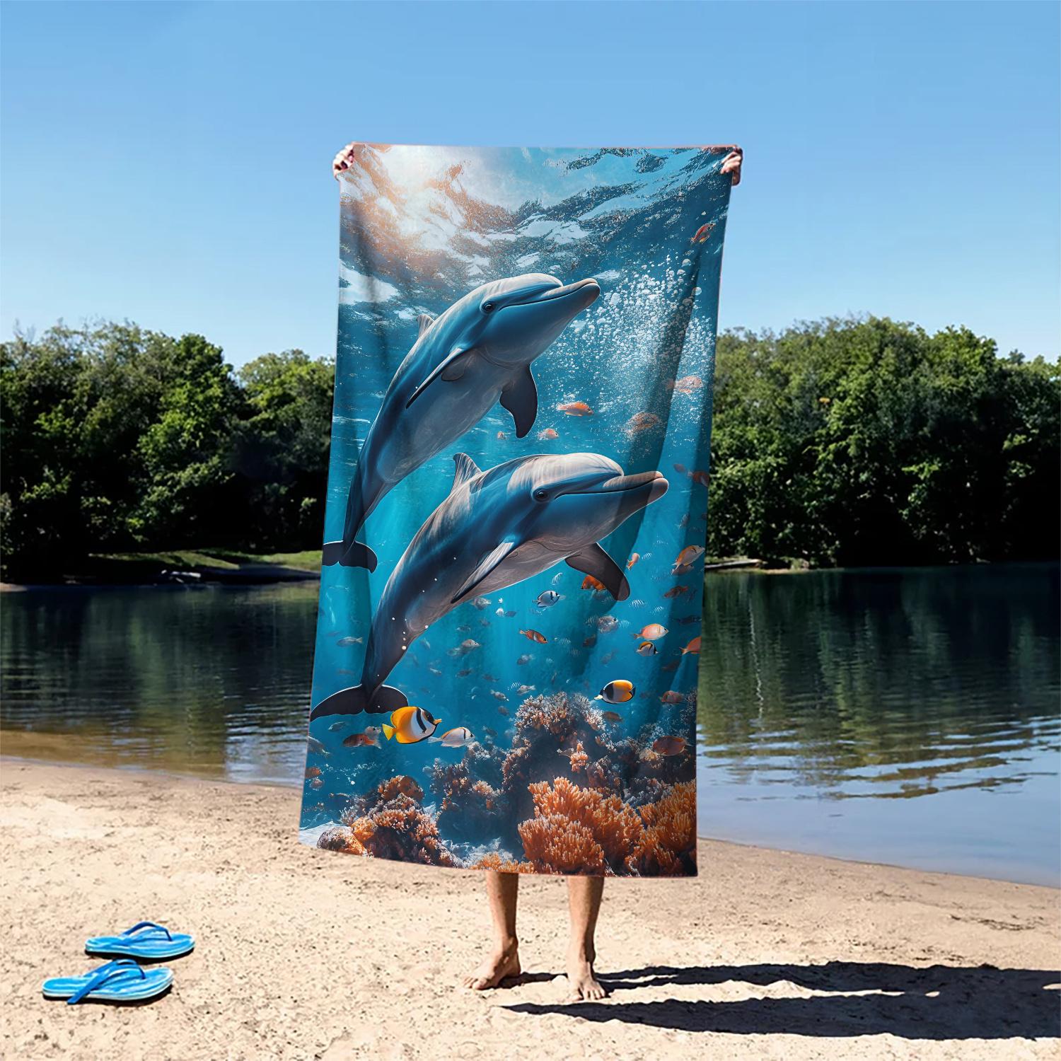 

Dolphin Print Blue Ocean Microfiber Beach Towel Super Fine Soft Vacation Gift W40*H60(CM)