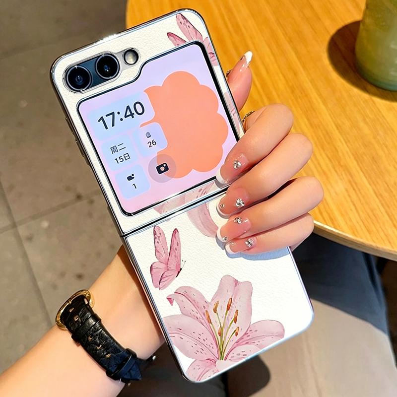 Floral Pattern Case For Samsung Galaxy Z FlIP 7 FE 6 5 Plating PC+PU Leather Hybrid Folding Cover For Samsung Z Flip7 Flip6 Flip5