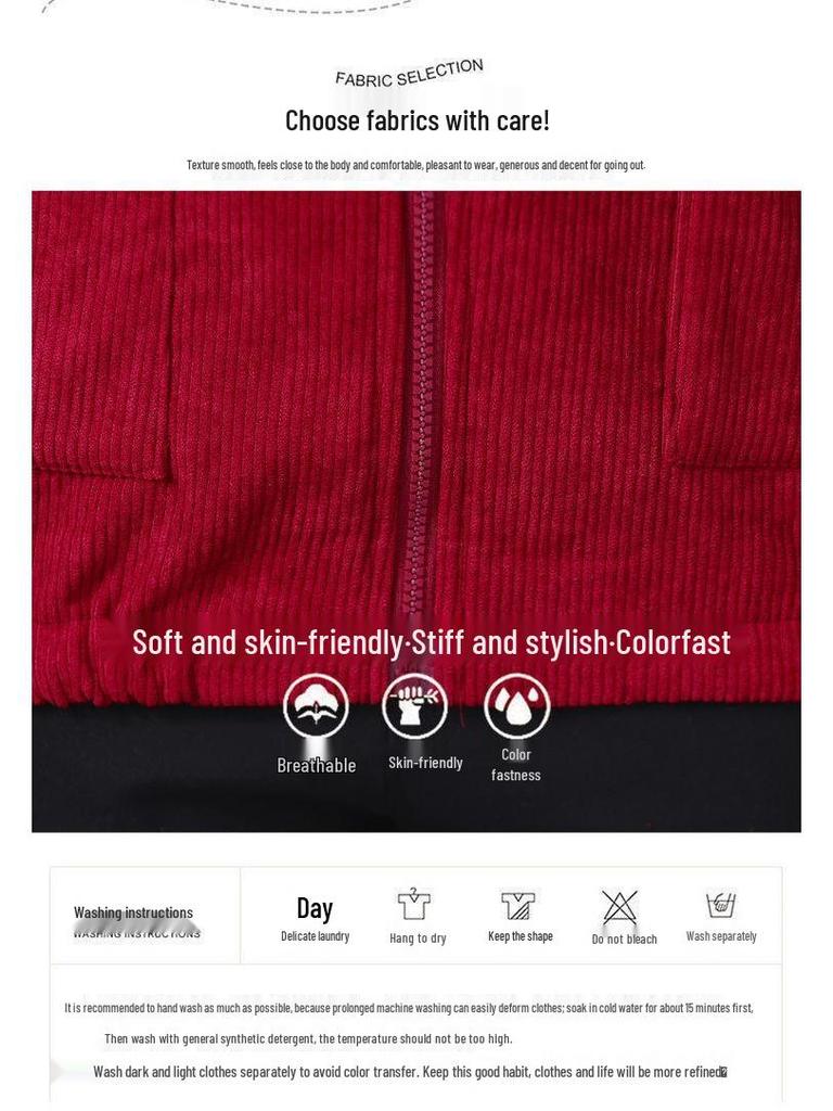 2025 Spring/Autumn Women's Plus Size Corduroy Jacket: Long Sleeve, Loose Fit, Zipper, Solid Color Cardigan