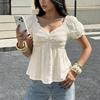 New Soft and Girlish Style Solid-color V-neck Jacquard Pleated Puff-sleeve Top