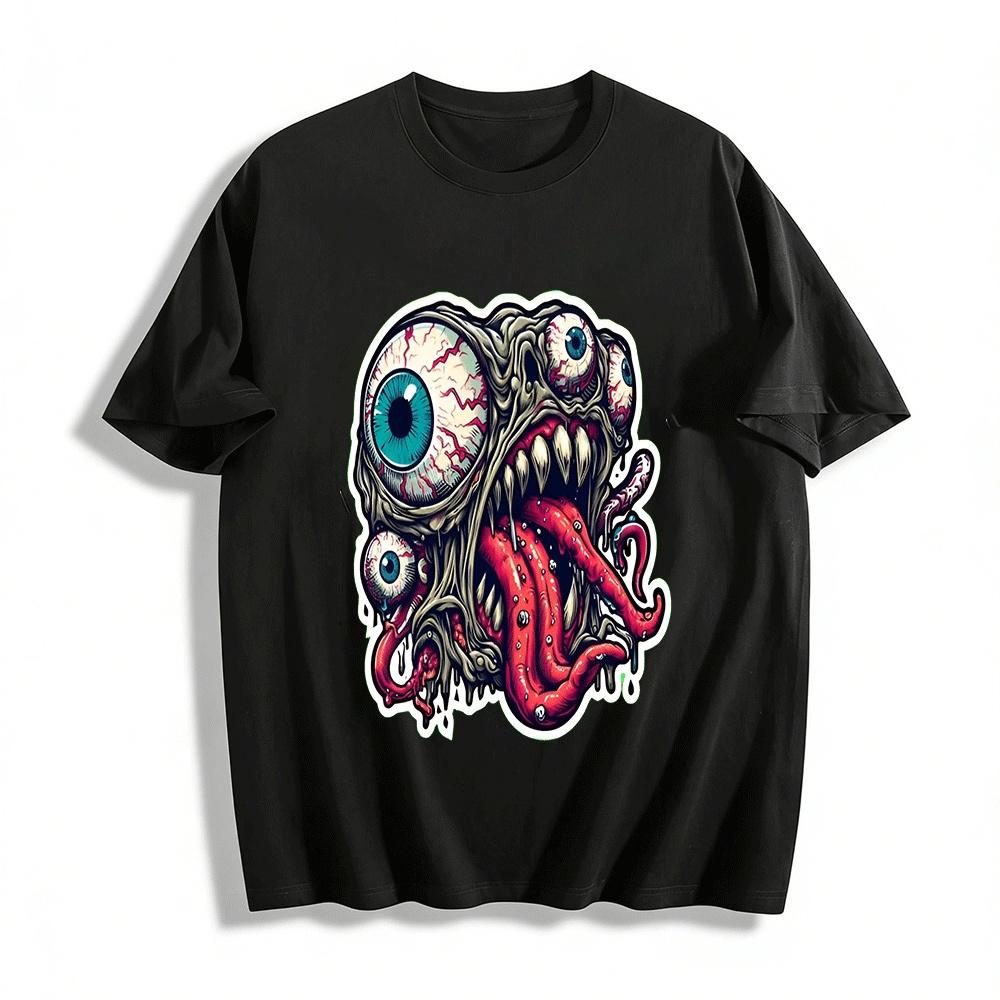 Weird Multi Eyed Monster Graphic Tee Dark Horror Style Top Pure cotton T-shirt