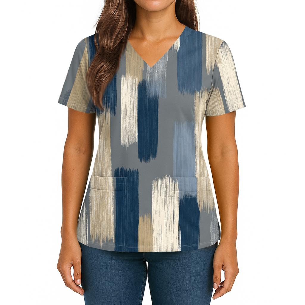 Women's Gradient Print V-Neck Double Pocket Short Sleeves Hem Slit Uniform Caregiver Top
