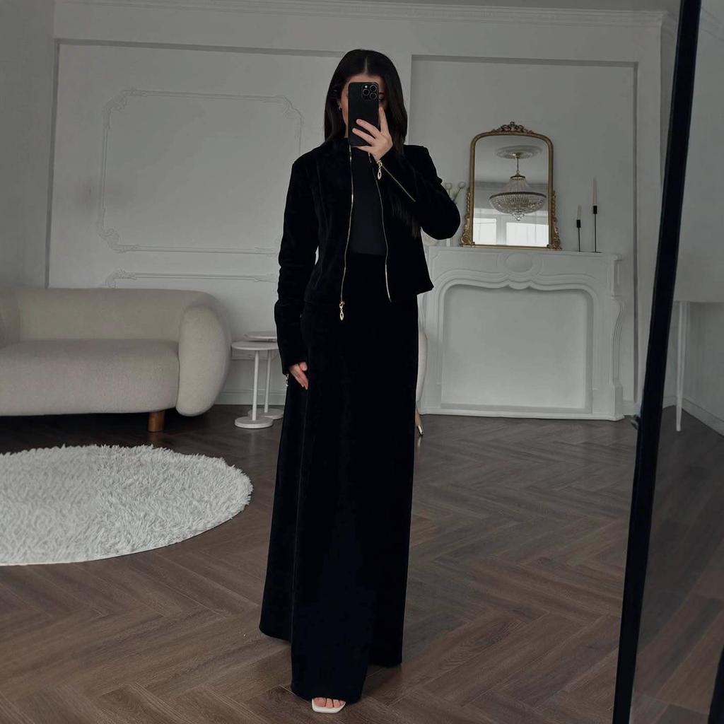 2025 Autumn Women's Suede A-line Woolen Dress with Zipper - Fashionable Long Sleeve Office Wear