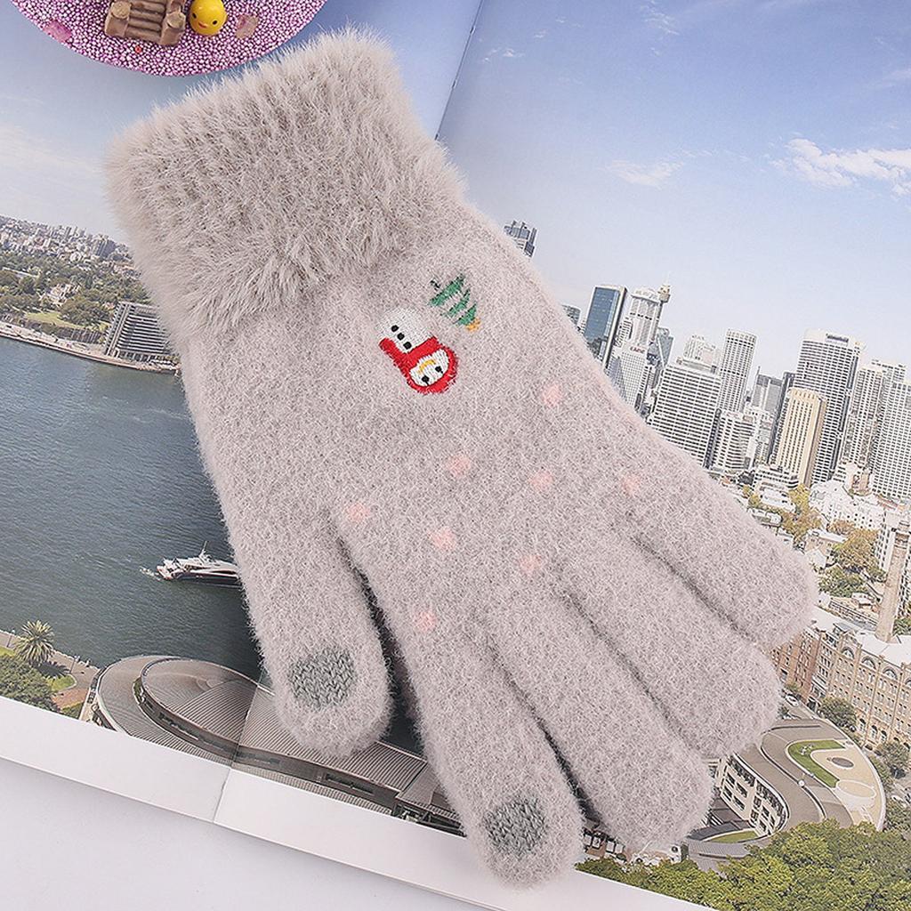 Winter Women Adult Plus Velvet Thickening Cute Cartoon Point Finger Gloves