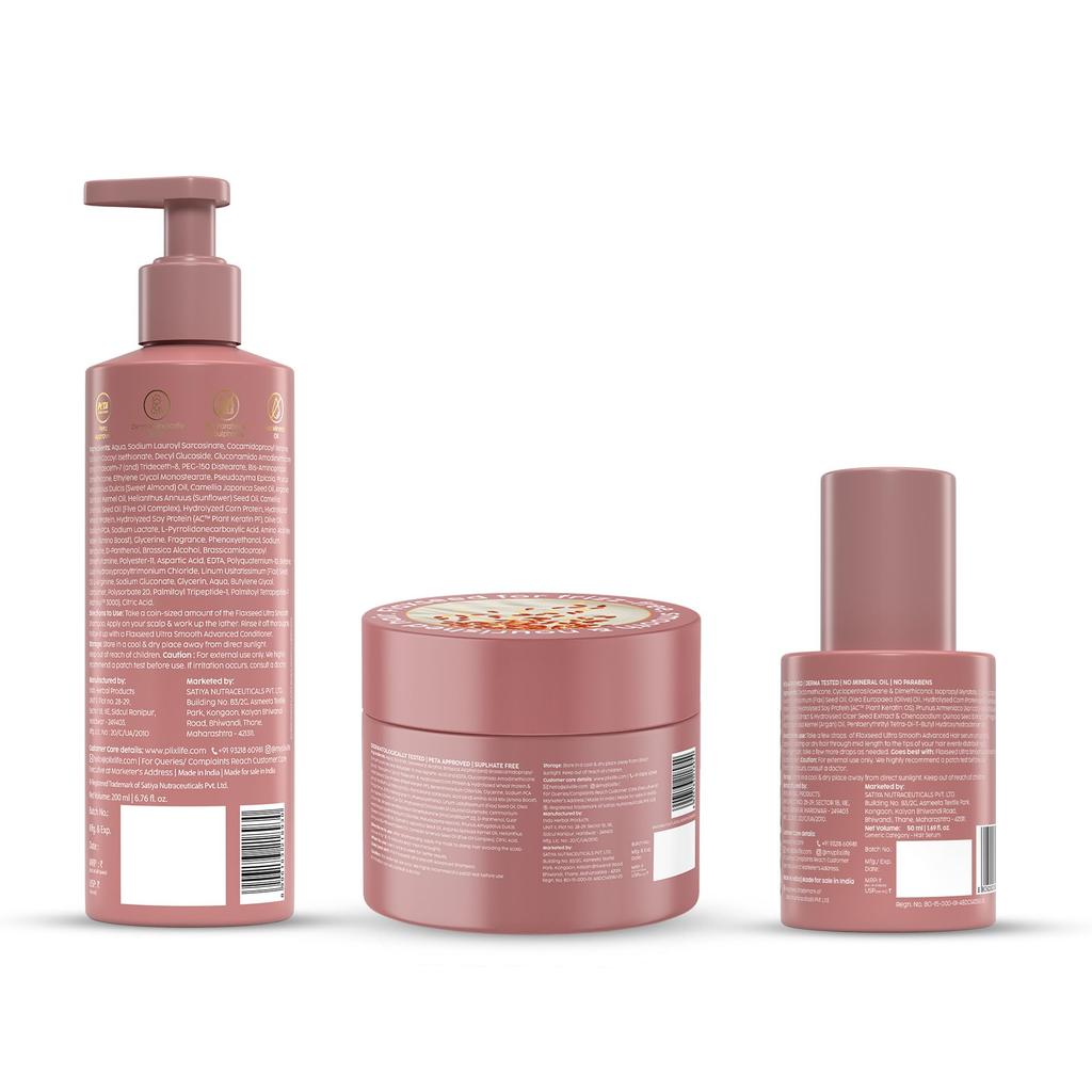 PLIX THE PLANT FIX Flaxseed Ultra Smooth Advanced Trio - Shampoo + Hair Mask + Serum | Plant Keratin PF | Flaxseed Oil | Deep Nourishment | Smooth H