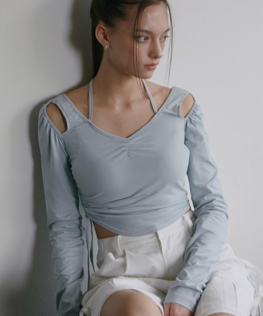 JINJUSE Halter Neck Shirring Top[Mint]