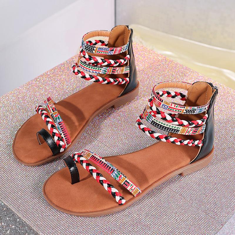 Fashion 2025 Ladies Summer Fashional Bohemia Ethnic Colorful Stitching Roman Style Open Toe Zipper Women Flat Fancy Sandals Beach Shoes