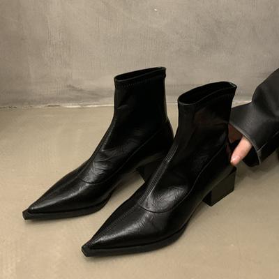 Leder-Schneestiefeletten für Damen, mittelhoher Absatz, modische Schuhe, spitze Zehenpartie, Winter-Chelsea-Stiefel, Trend-Gladiator, Lady Zapatillas