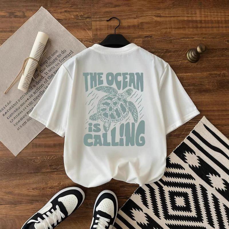 Unisexs Turtle Letter Print round Neck Short Sleeve TShirt European Size Casual Versatile Top for Daily Commuting M