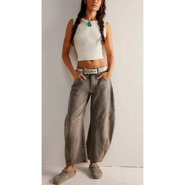 Washed Jeans Women Wide Leg Pants Denim High Waist Vintage Pockets Solid Basics Loose Fit Ankle Length Trousers