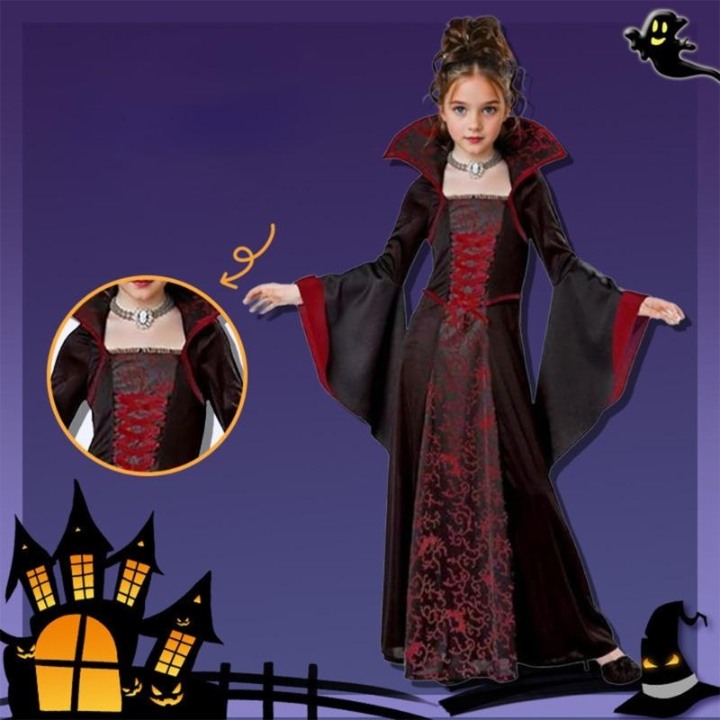 Blumenmuster Kleid mit Stehkragen Kinder Halloween Hexe Kostümkleid Für Mädchen Halloween Geburtstag Rollenspiel