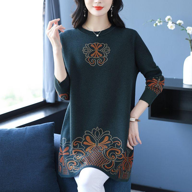 

Пуловер среднего размера для полных женщин, пуловер для пожилой полной мамы, модное базовое платье 5XL зелёный