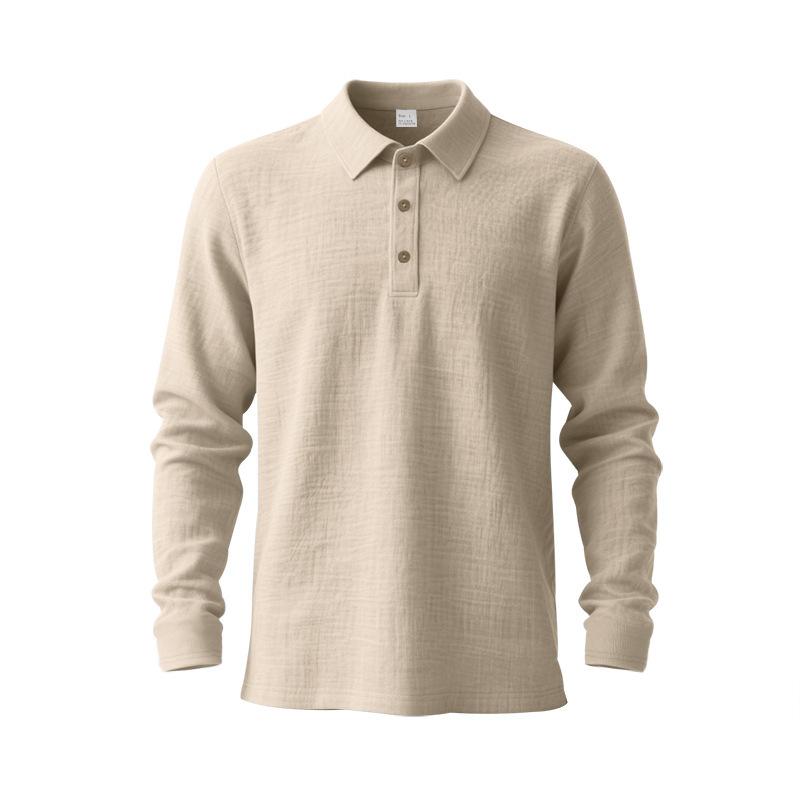 Spring Loose-Fit Solid-Colour Collared Casual Business Men's Long-Sleeved Linen Polo Shirt