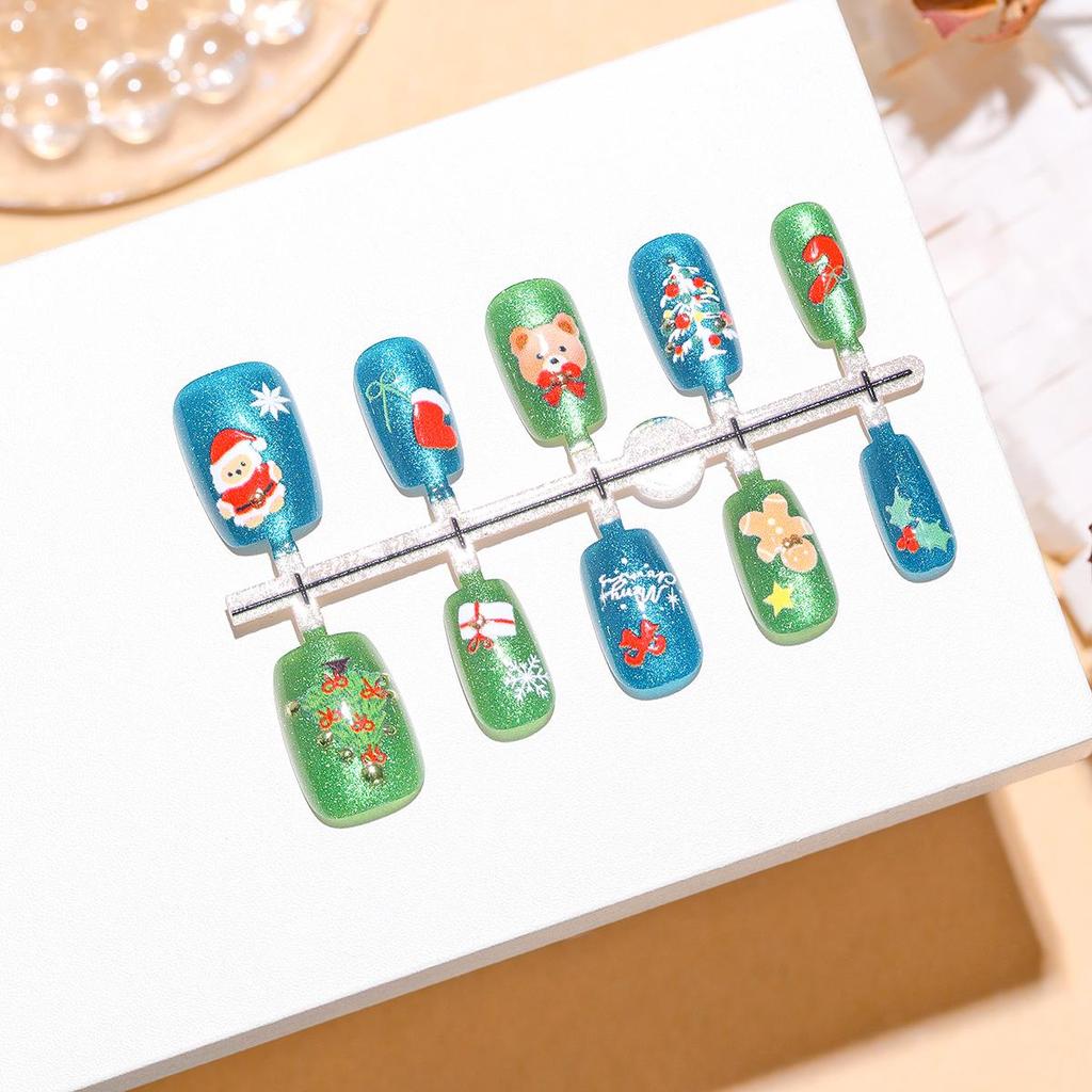 Green Christmas 3D Nail Art Stickers: Little Bear, Gingerbread Man, Santa Claus, Bell, Cat Eye Designs