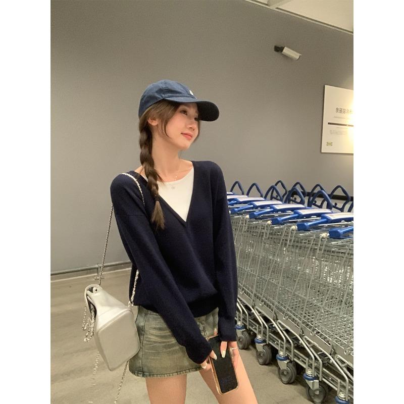 Red fake two-piece sweater for women autumn and winter new loose high-end lazy Korean sweater long-sleeved top