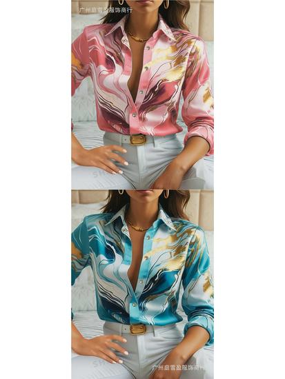 European & American Spring/Fall New Style Long Sleeve Lapel Loose Fit Digital Print Shirt