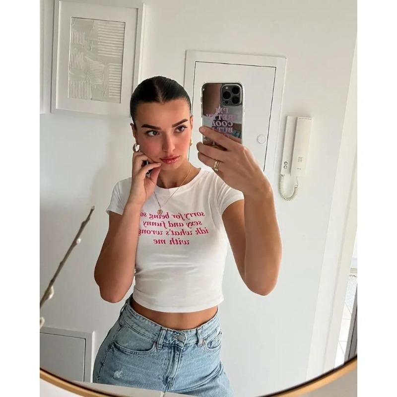 2KWEIRD Y2K Buchstaben-Print Vintage High Street Ästhetisches T-Shirt 2000er Crop Top Sommer Punk Kurzarm Kleidung Lässiges Streetwear T-Shirt