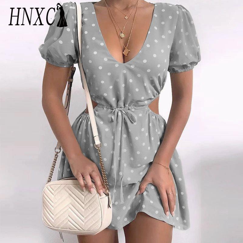 

HNXC Женское мягкое платье в горошек с вырезами на талии для свиданий XXXL серый