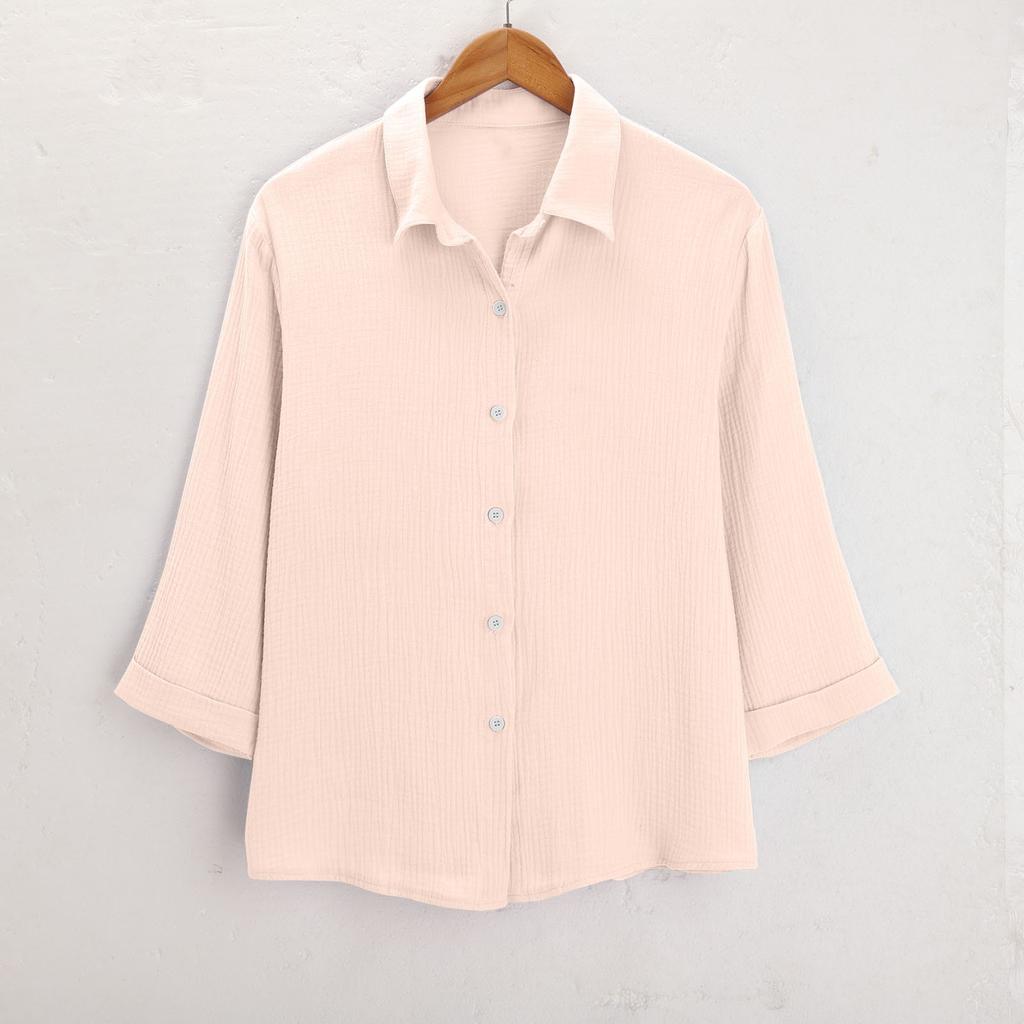 Womens Button Down Shirts 3/4 Sleeve Casual Collared Shirt Loose Blouses Solid Color Tops With Pocket