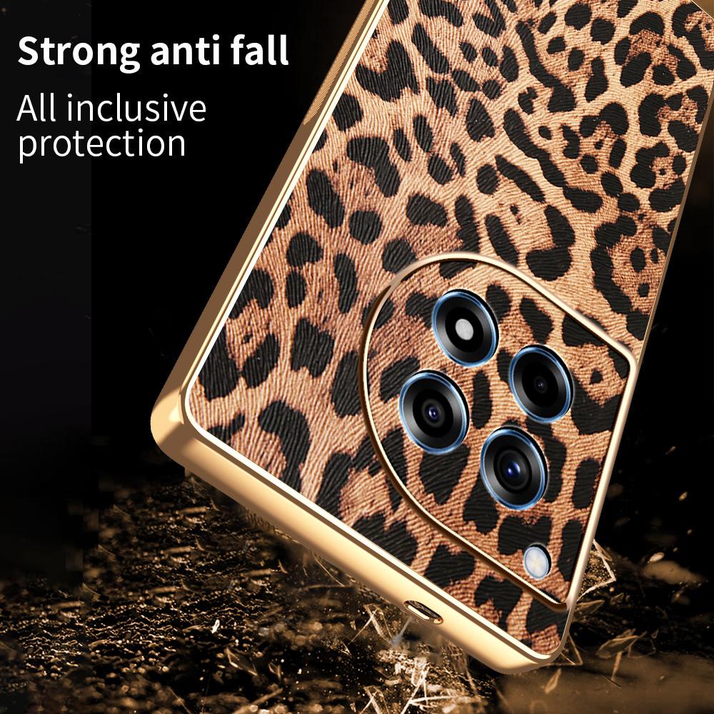 For OnePlus 12R 5G Case Leopard Print PU Leather Coated PC + TPU Electroplating Phone Cover