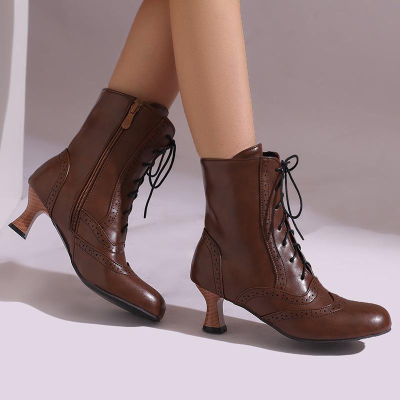Autumn and Winter New Retro Thick Heel Middle Heel Martin Boots Round Head Lace-up Brock Women's Short Boots British Style Ankle Boots