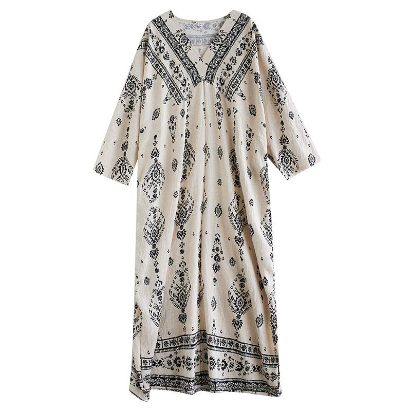 DIMANAF 2025 Women Plus Size Spring Long Dress Loose Basic Printing Vintage Casual Floral Oversize Long Sleeve Maxi