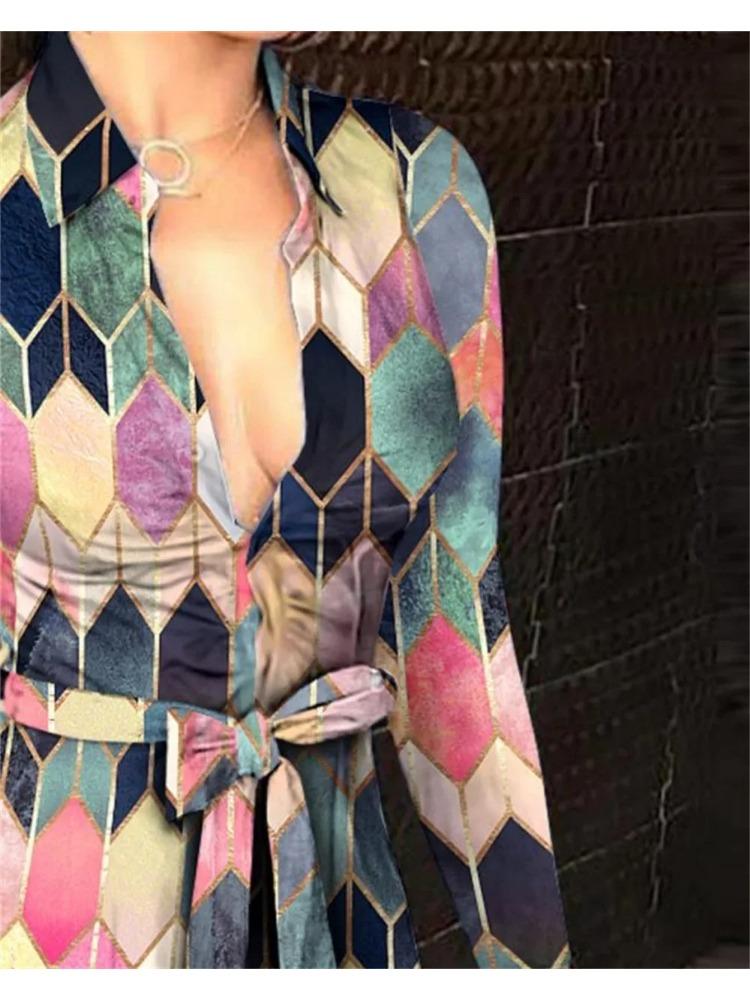 Summer New Women's Long Sleeve V-Neck Tied Fashionable Sexy Printed Dress