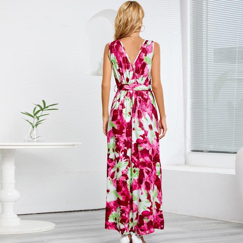Summer Sexy Printed Bohemian Dress Beach Women Elegant Sleeveless Holiday Long Dress High Split Casual Vestidos De Verano 25208