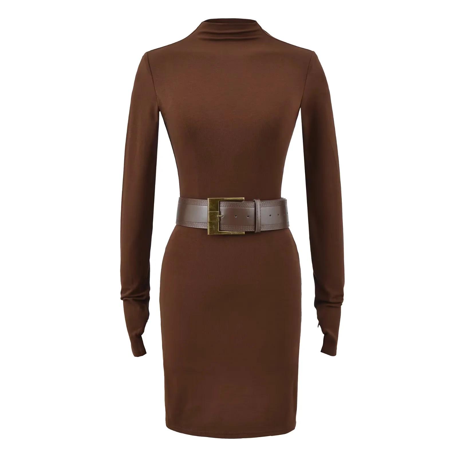 

Pure Desire Grey Half-High Neck Long Sleeve Slimming Dress for Women – Autumn/Winter Hip-Hugging Base Layer Skirt Small кавовий