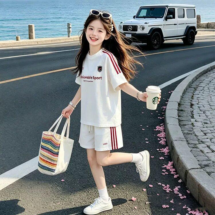 Korean Style Girls' Casual Summer Sportswear Set: Short Sleeve Top & Shorts
