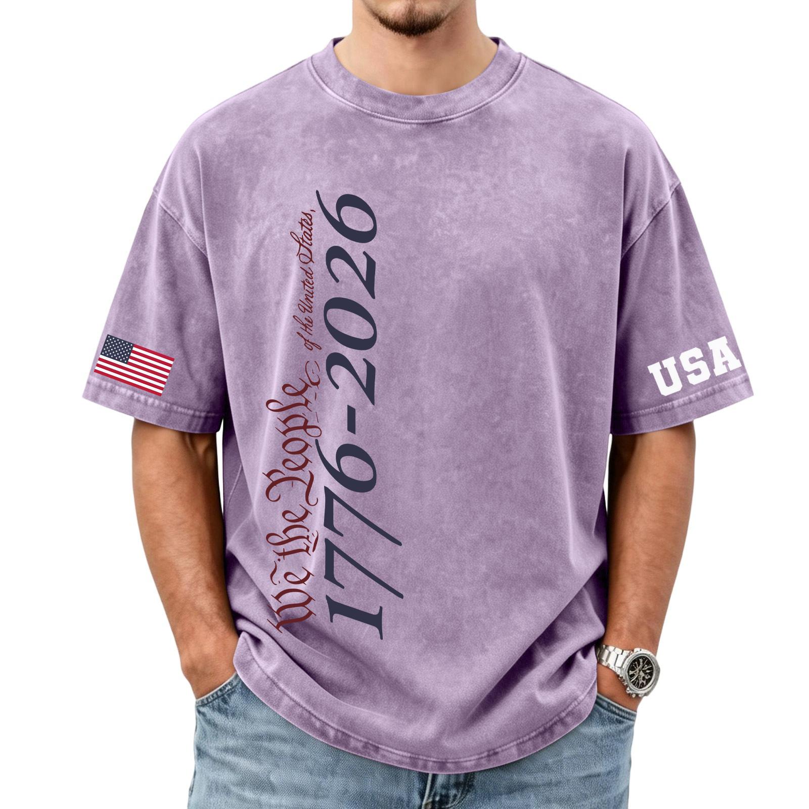 Men s loose and casual flag letter print T-shirt - Men s trendy washed short-sleeved top XXL фиолетовый