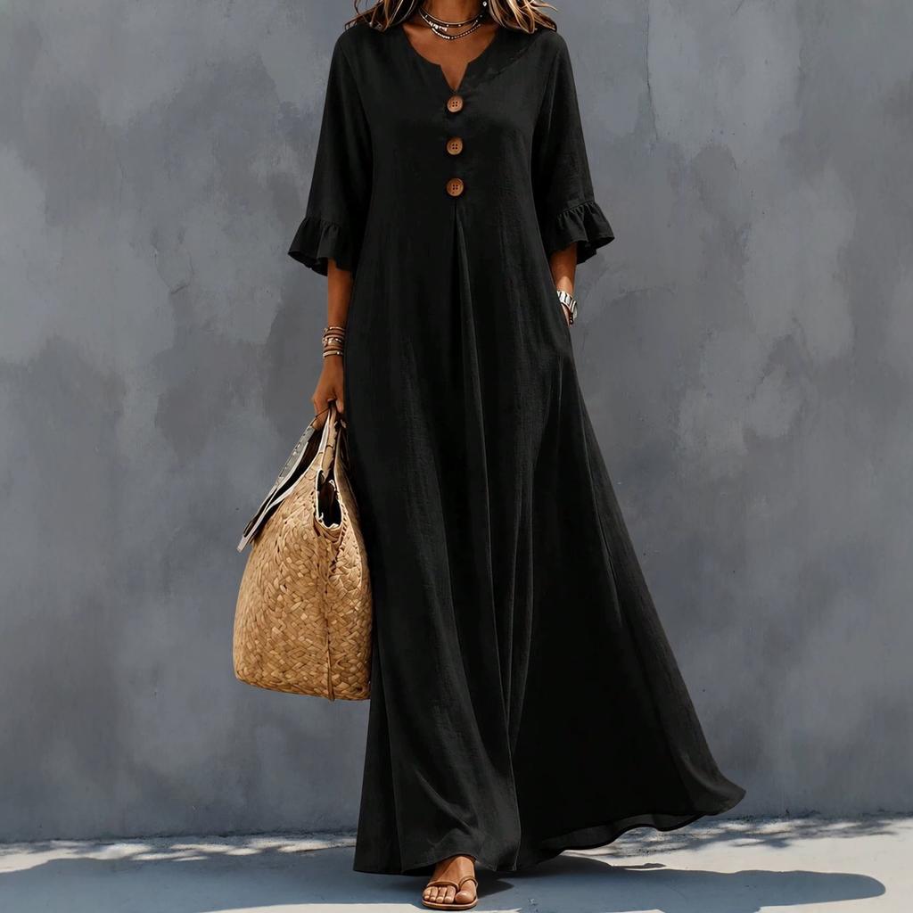 Women's autumn new solid color V-neck dress, fashionable temperament loose pendulum dress