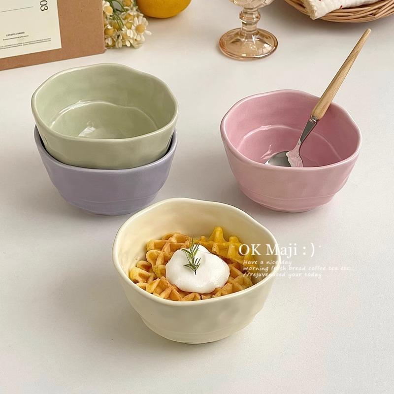 Ins Style Cute Ceramic Rice Bowl Cream Style Tableware High Value Fruit Salad Bowl Oat Yogurt Breakfast Bowl Simple