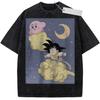 Summer Mens Beige Washed T  Shirt Dragon Ball Kirby Goku Cloud Moon Stars Crossover Print High  Quality Fabric