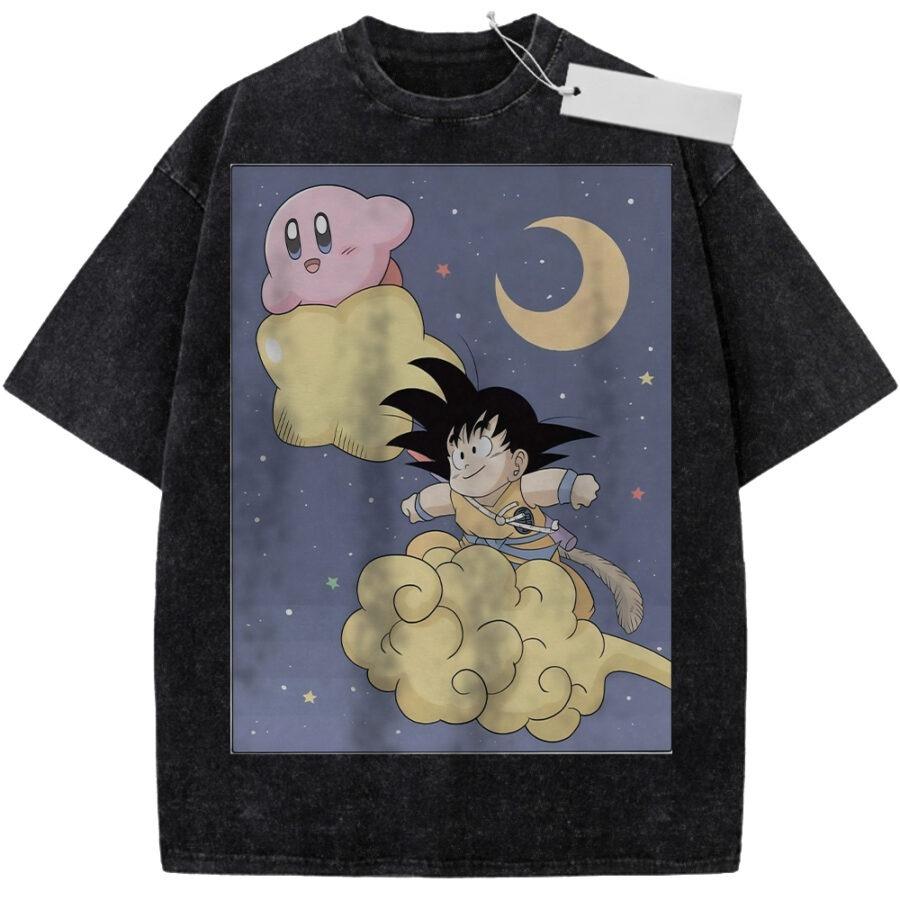 Summer Mens Beige Washed T Shirt Dragon Ball Kirby Goku Cloud Moon Stars Crossover Print High Quality Fabric