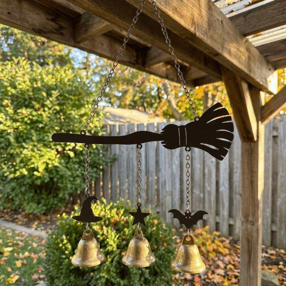 Vintage Witch Broom Wind Chime Iron Garden Patio Decor Halloween Wind Chime Outdoor Decoration