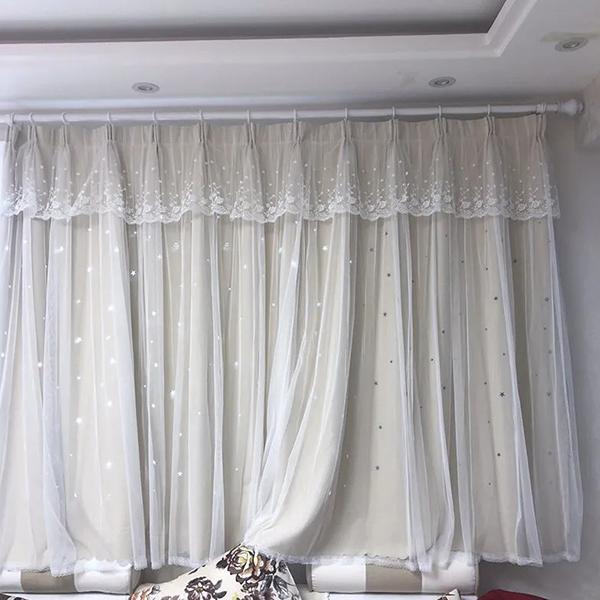 2PCS Finished Curtain Princess Style Ins Blackout Bedroom Hook Curtain Hollow Out Star Cloth Gauze Bay Window Curtain