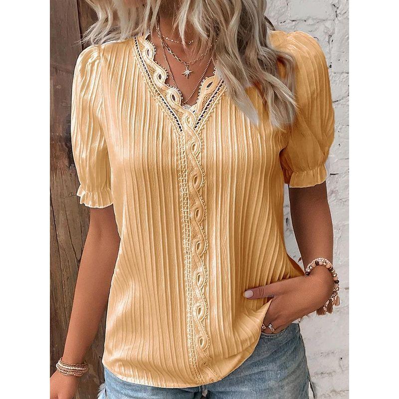Summer New Vacation Fashion Hollow out Short sleeve European and American Women clothes V-neck Shirt Women's V-neck Shirt