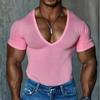 Herren Deep V-Ausschnitt Kurzarm T-Shirt Slim Fit Muskel Lässig Einfarbiges Oberteil