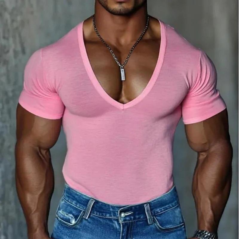 Herren Deep V-Ausschnitt Kurzarm T-Shirt Slim Fit Muskel Lässig Einfarbiges Oberteil