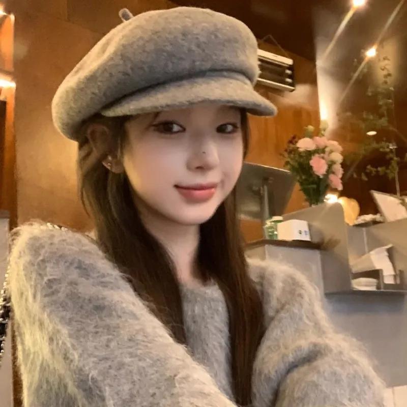 

Women Autumn Winte Solid Plain Berets Hat Classic Vintage Artist Painter Hat fashionable British Flat Top Woolen Cap 56-58CM