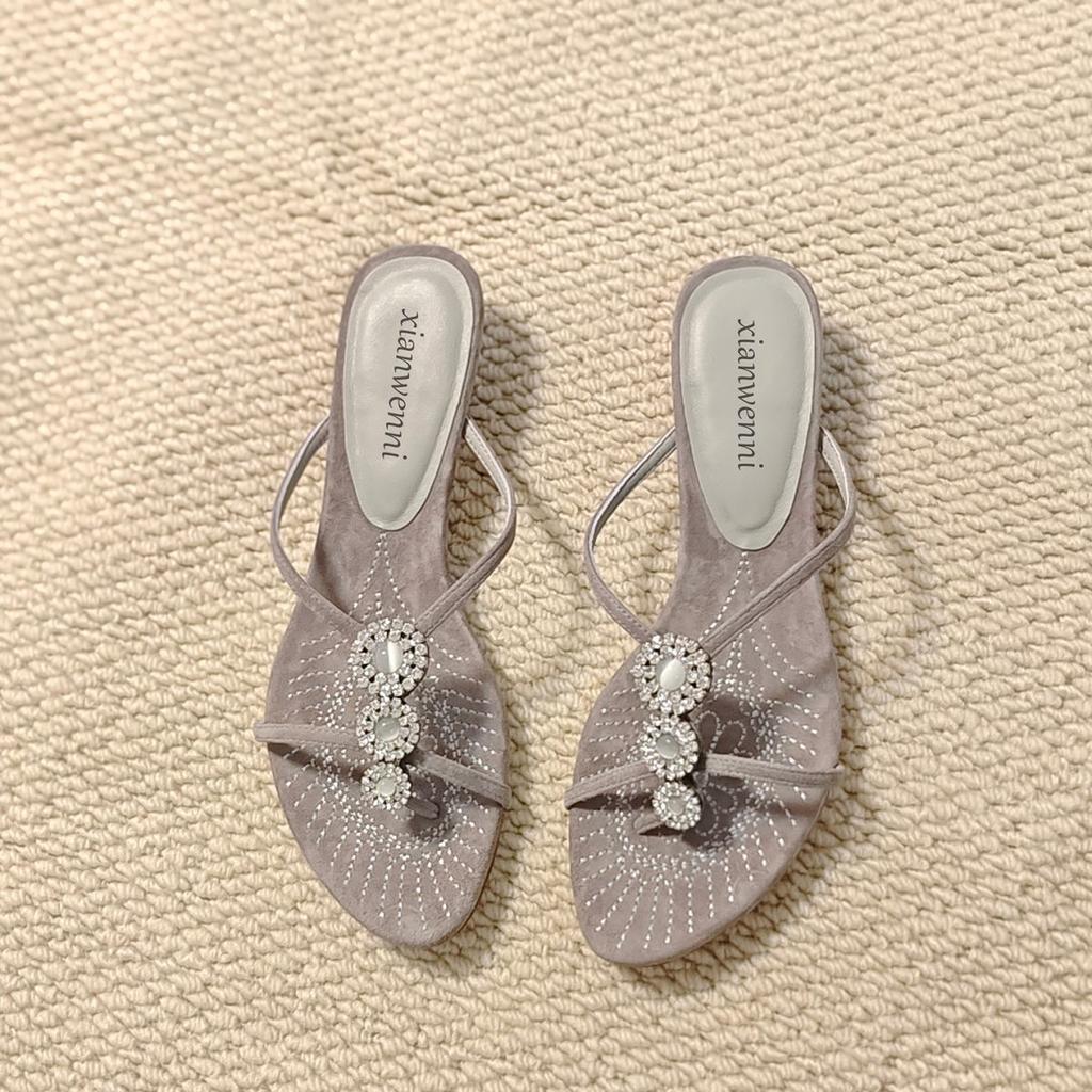 2025 New Retro Kitten and Flip-flops Women's Summer Wear Open-toed Sexy Sandals Rhinestone Toe Cold Slippers