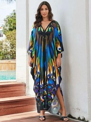 Swimsuit Cover-up Plus Size Kaftan Bohemian Printed V Neck Batwing Sleeve Maxi Dress Women Beachwear