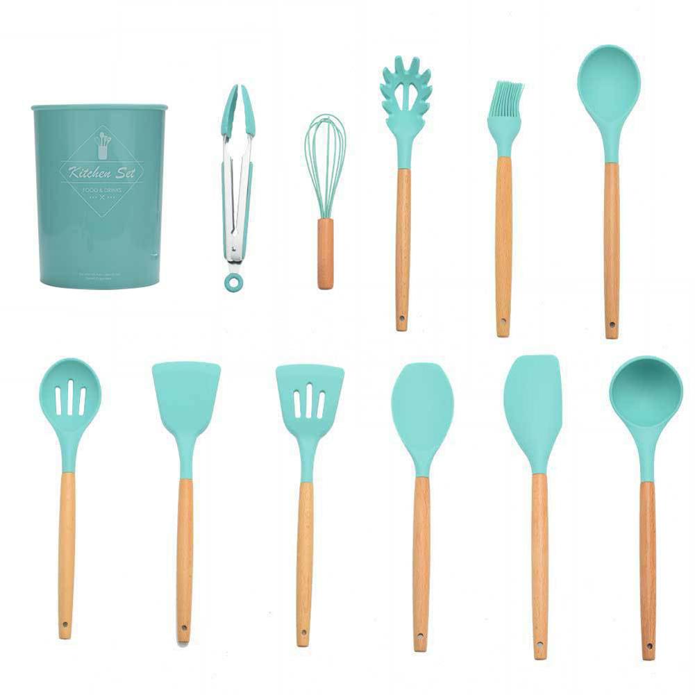 12pcs Green Silicone Kitchen Ware Shovel Spoon Kitchen Tool Spoon Storage Bucket Set