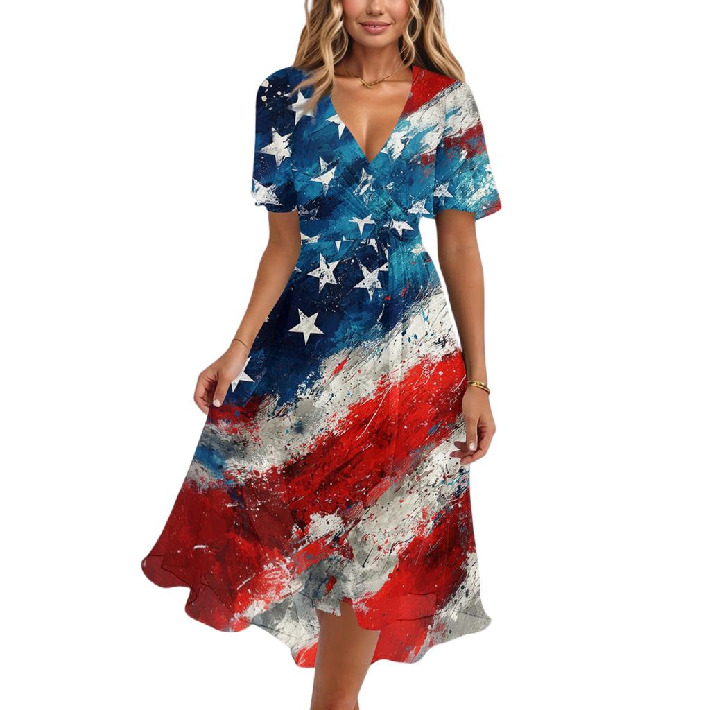 Women's Casual V-Neck Short-Sleeve Independence Day Print Dress