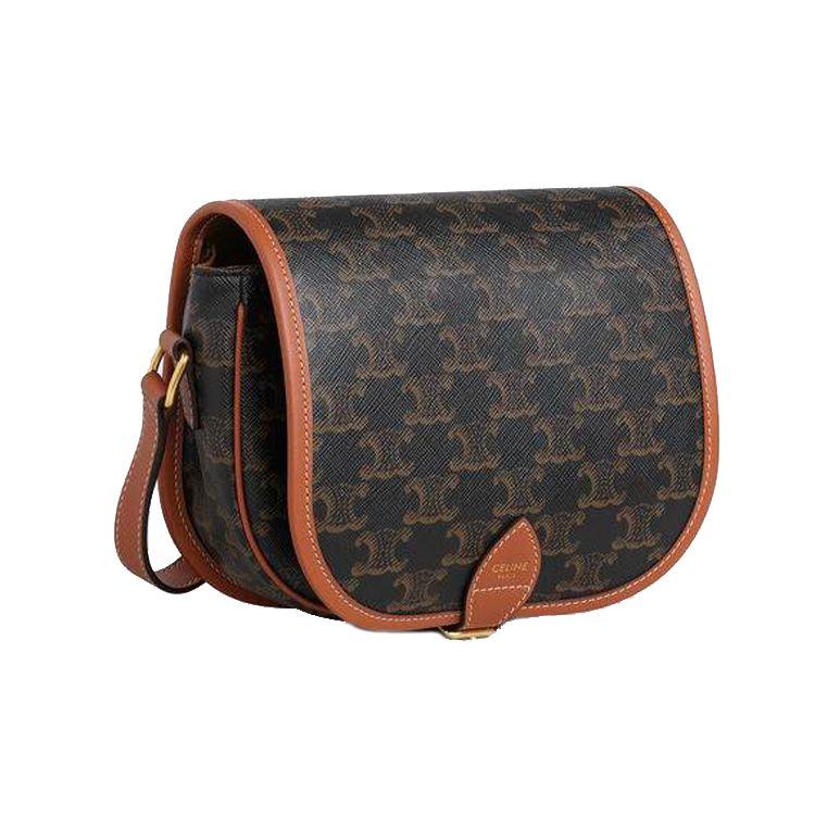 Celine Borsa a Sella Monogramma Folco Tracolla Regolabile Pelle Sintetica Rivestita e Pelle di Vacchetta Donna Tracolla Marrone 191502BZJ-04LU