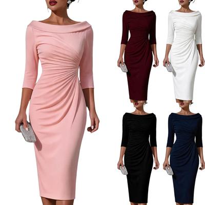 Women's Off-Shoulder Bodycon Midi Dress with Three-Quarter Sleeves and Ruched for Evening Parties
